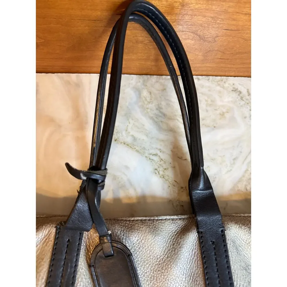 Cole Haan Pebbled Leather Top Handle Tote Bag Distressed Metallic Pewter